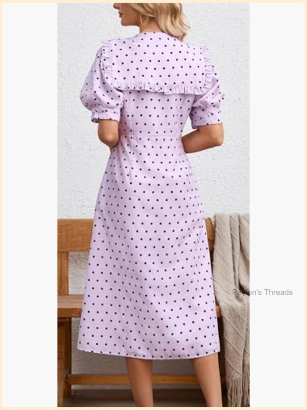 Puff Sleeve Peter Pan Collar Polka Dot Midi Dress with Pockets - Picture 2 of 7
